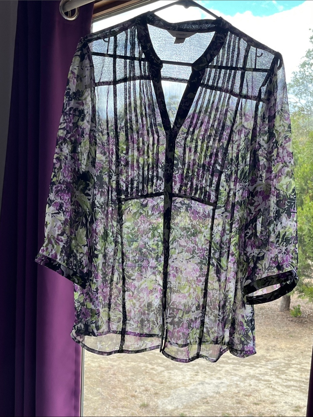 CJ Banks Black Sheer Floral Pintuck Blouse with Purple and Green Print